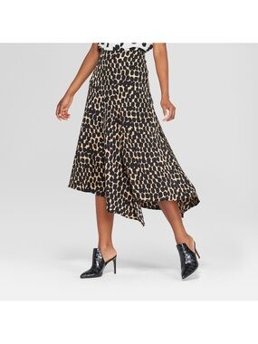 Who What Wear Black and Tan Asymmetrical Printed Midi Skirt